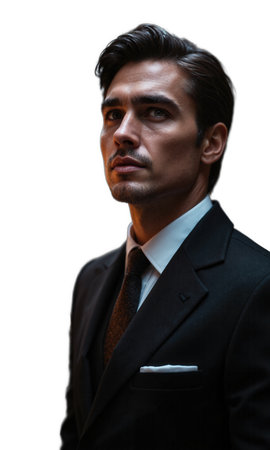 A visionary male leader in a black suit, illuminated by glowing symbols of global business success and technological advancement, symbolizingの素材