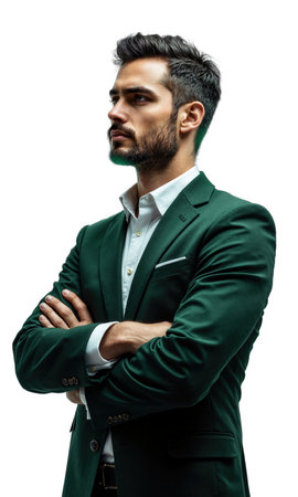 A sharp male entrepreneur in dark green, his expression thoughtful, as a glowing network of business success icons radiates aroundの素材