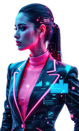 A tech-forward female leader in a neon-accented suit, with holographic charts swirling around, portraying her role in shaping AI, digitalの素材