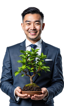 A male founder in sapphire-gray, holding a small bonsai tree growing from shattered stock reports, symbolizing balance, patience, and healingの素材