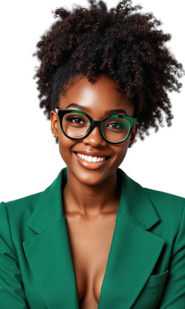 Trendy Woman in Glasses Young fashionable woman with curly afro hairstyle and round green glasses, smiling confidently, vibrant personality, frontalの素材