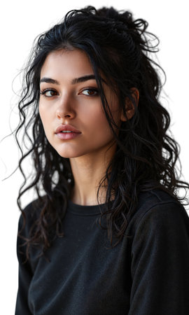 Woman Pensive Portrait. A young Caucasian woman with voluminous dark curly hair, wearing a dark top, looks thoughtfully towardsの素材