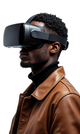 Man VR Brown. A Black man with short hair, wearing a brown leather jacket and a VR headset, looksの素材
