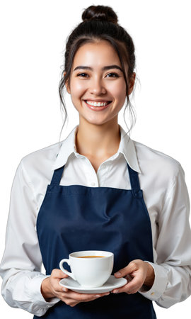 warm hospitality professional - A medium close-up of a female barista wearing a navy apron and white shirt holding aの素材