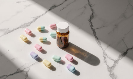 Microdose Balance Concept - minimalist still life of capsules arranged geometrically on white marble surface, soft shadow play, pastel paletteの素材