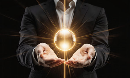 Eternal Balance Visualization - glowing sphere floating between two palms in meditative posture, golden light reflections on skin, black backgroundの素材