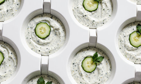 Greek Tzatziki Texture - creamy dip repetition with cucumber garnish.の素材