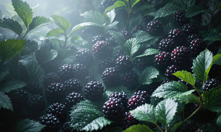 Blackberry Forest Glow - dark glossy berries arranged among green leaves, morning dew glistening, soft sunlight filtering through mist, cool-tonedの素材