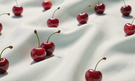 Cherry Romantic Flow - scattered cherries forming elegant repetition on pastel fabric, dreamy soft focus and shallow depth.の素材