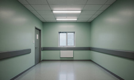 Sterile Hospital Room. A stark, eye-level shot of a clean, empty hospital room. Pale green walls, linoleum flooring, and a_00001_の素材