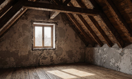 Rustic Attic Studio - Empty attic with exposed beams, wooden floor, cracked plaster walls, sunlight entering through small window, capturedの素材