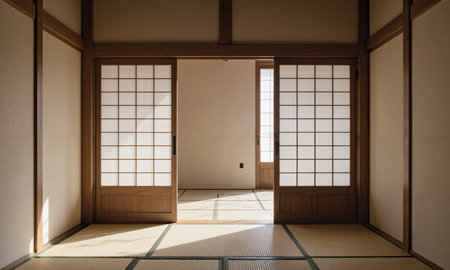 Japanese Zen Hall - Empty meditation room with tatami floor, shoji doors half-open, morning light spilling across the floor, capturedの素材