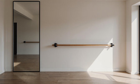 Living Room Ballet Barre. A shot of a bright, airy living room with a simple, elegant ballet barre mountedの素材