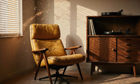 Retro Analog Corner - A dedicated listening space with a mid-century modern armchair in worn mustard-yellow leather. Beside itの素材