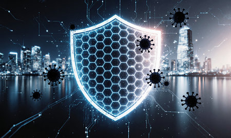 Financial Firewall Shield. A massive, semi-transparent shield made of a honeycomb pattern of glowing hexagonal energy fields hovers in frontの素材