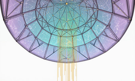 Virtual Dome of Ascending Symbols - Transparent dome infused with gradients of pastel teal and violet, holographic graphs orbit likeの素材