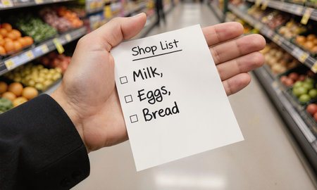 Shopping List on Hand. A persons hand is shown with a short shopping list- milk, eggs, bread -written directly on their palmの素材