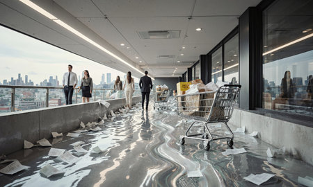 Store customer flow Products arranged as flowing river of shoppers, fluid lighting, receipts as current lines, shopping carts in streamの素材