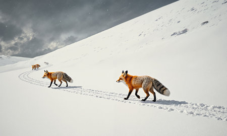 Fox Snow Trail - orange figures crossing white snowy field, subtle diagonal alignment under overcast light.の素材