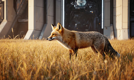 Fox Field Harmony - warm sunlight and golden grass forming repeating mood.の素材