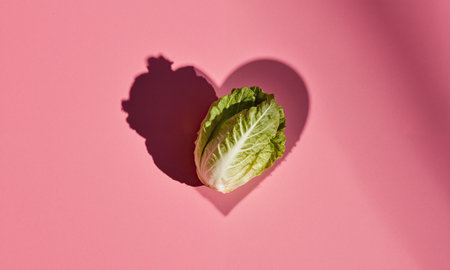 Lettuce Heart Shadow. A single, crisp head of iceberg lettuce sits on a pale pink background, illuminated by a harshの素材