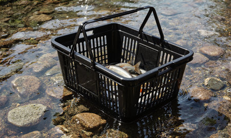 Shopping Basket Fish Trap. In a clear, shallow stream, a black shopping basket lies on its side, acting asの素材