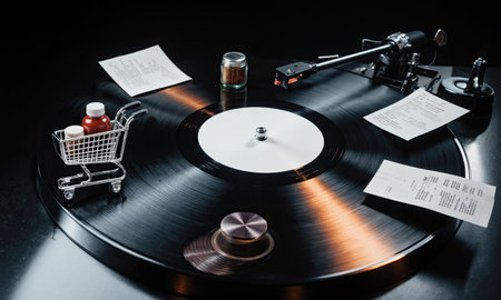 Store playlist turntable Vinyl record made from arranged products spinning, club lighting, receipts as album cover, shopping cart as turntableの素材