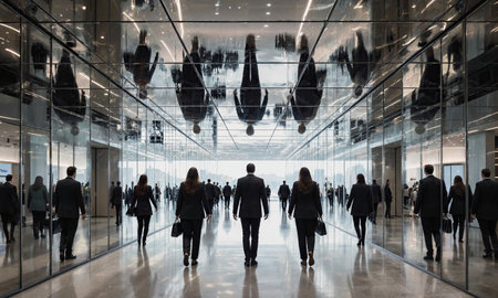 Business people commuting in modern mirrored corporate building lobby creating surreal reflectionsの素材