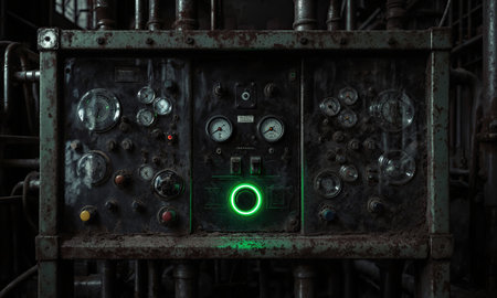 Forgotten Control Room. The abandoned control panel of a power station, its dozens of glass-covered gauges and switches now dustyの素材