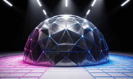 Virtual Studio Dome with Neon Grid Lights - Circular brushed metal dome with seamless white flooring, neon blue and magentaの素材