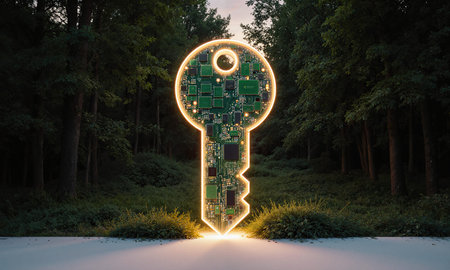 A colossal key made from glowing circuit boards unlocking a green forest, telephoto angle at dawn with luminous details, symbolicの素材