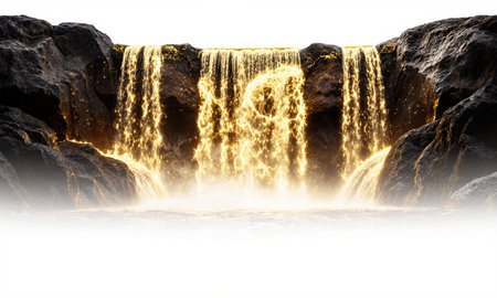 A vast waterfall made of pure golden light pouring from the sky into a bottomless void, symbolizing abundance, divine blessingの素材