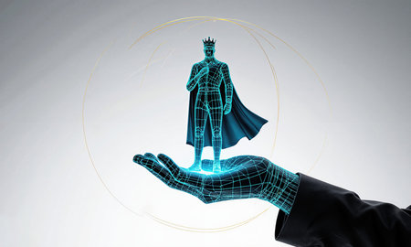 AI Strategic Emblem A glowing cyan wireframe hand lifts a luminous king above a muted gradient void, low-angle three-quarter shotの素材