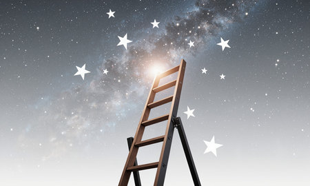 A giant ladder formed from pencils reaching into a star-filled sky, low-angle wide shot with crisp detail and soft celestialの素材
