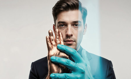 Deliberate Custody Portrait A copper palm secures a king while a calculated cyan hand traces its edge, macro closeの素材