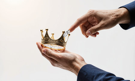 Deliberate Steward Shot A steady human palm supports a king while a crystalline wire fingertip adjusts its crown, macro closeの素材