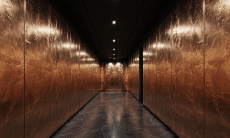 Copper-Walled Gallery. A long, narrow gallery space with walls clad in large panels of brushed copper. The floor isの素材