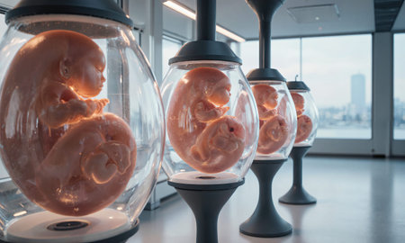 Artificial Womb. In a clean, futuristic nursery, a row of artificial wombs holds developing fetuses in a perfectly controlled, transparentの素材