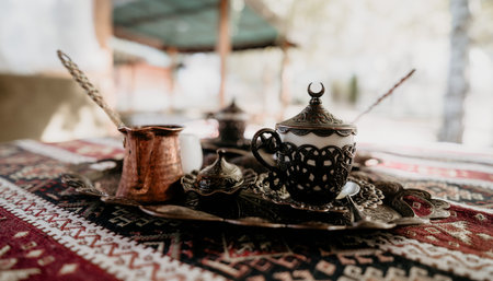 Traditional Turkish Coffee Set on a Tablecloth