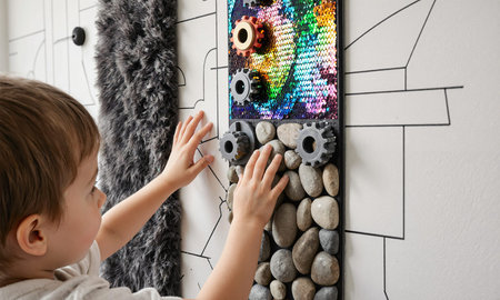 Childs Sensory Wall. A feature wall in a childs playroom designed to provide sensory stimulation. It is a large panelの素材