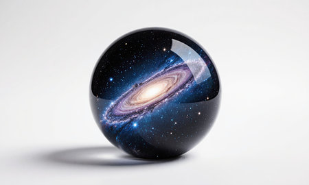 A luminous spiral galaxy suspended in a glass sphere, symbolizing wonder, discovery, and infinite possibilities.の素材