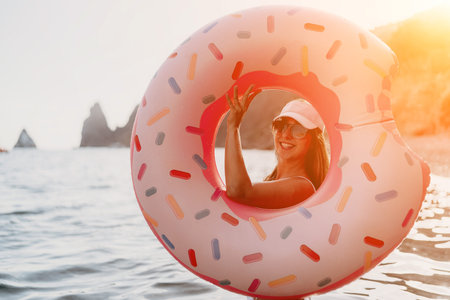 Woman, donut float, sea. Smiling woman enjoying summer vacation with a funny donut float in the...