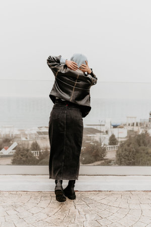 Woman Looking Ocean View Cityscape Observation Balcony Contemplation