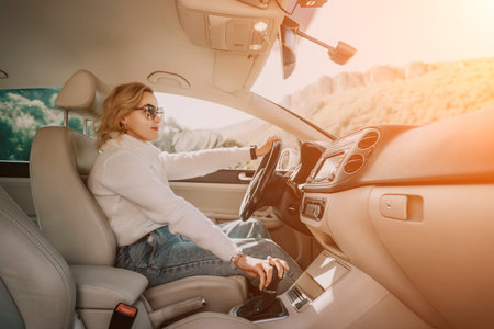 Woman Driving Car Mountain Road Trip