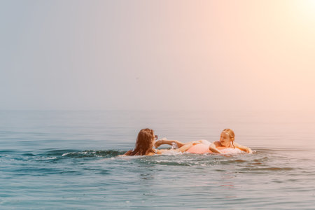 Family swimming sea mother and daughter playing in the calm ocean water during sunset capturing a...