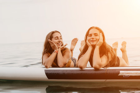 Women, Paddleboard, Beach: Two friends relaxing on a paddleboard in the ocean on a sunny day.の写真素材