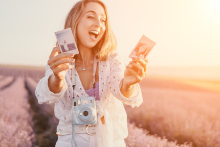 Woman instant photos lavender field as happy girl holds her pictures during a golden hour sunset...