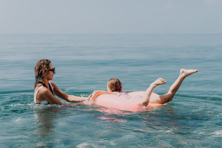 Beach family vacation where a mother pushes her young daughter on a pink inflatable ring in the calm...