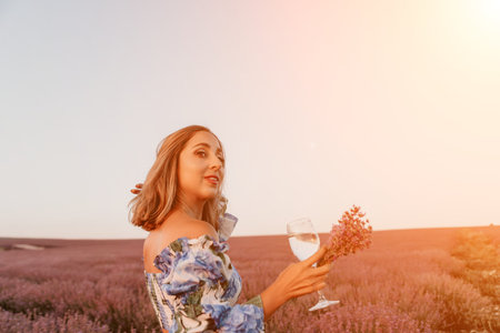 Woman lavender field wine glass standing in a blooming purple meadow at sunset with copy space for summer lifestyle themesの写真素材