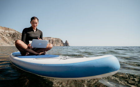 Woman Laptop Paddleboard Ocean Work Beach